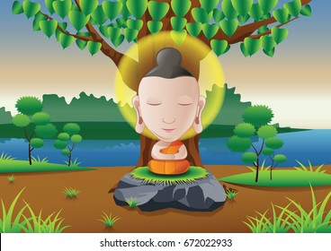 lord of Buddha become enlightened under tree in cartoon version near river,used well for important days of Buddhism vector illustration