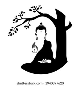 Lord Buddha. Schwarz-Weiß-Symbol von Buddha. Buddha Silhouette für Spa-Logo. Vesak-Tag-Grußhintergrund mit Buddha unter Bodhibaum 