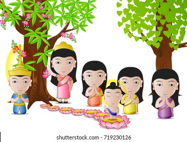 lord of Buddha was born under tree in cartoon version,used well for important days of Buddhism vector illustration,white background