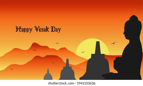 Lord Buddha, Borobudur temple and mountain Silhouette. Happy Vesak Day greetings card, flyer, banner or backdrop. 