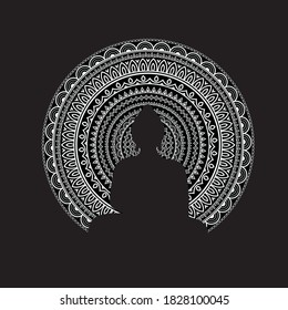 Lord Buddha graphic silhouette vector design with glowing mandala Pattern trendy art.