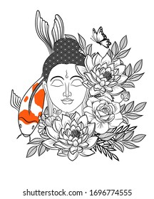 Lord Buddha graphic tattoo line art with beautiful flowers and koi fish.