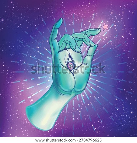 Lord Buddha hand with all-seeingl eye. Psychedelic colors. Hand drawn illustration. Invitation element. Astrology, alchemy, occult and magic symbol. Abstract cosmic.