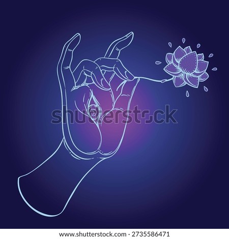Lord Buddha hand with all-seeingl eye. Psychedelic colors. Hand drawn illustration. Invitation element. Astrology, alchemy, occult and magic symbol. Abstract cosmic.
