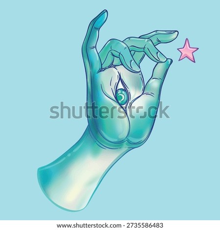 Lord Buddha hand with all-seeingl eye. Psychedelic colors. Hand drawn illustration. Invitation element. Astrology, alchemy, occult and magic symbol. Abstract cosmic.