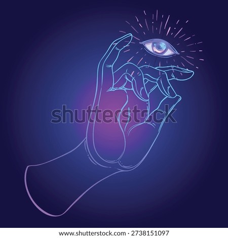 Lord Buddha hand with all-seeingl eye. Psychedelic colors. Hand drawn illustration. Invitation element. Astrology, alchemy, occult and magic symbol. Abstract cosmic.