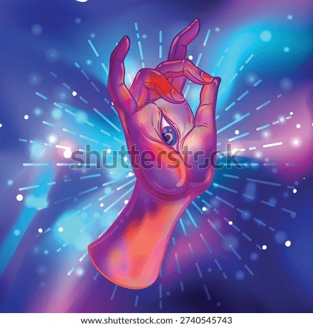 Lord Buddha hand with all-seeingl eye. Psychedelic colors. Hand drawn illustration. Invitation element. Astrology, alchemy, occult and magic symbol. Abstract cosmic.