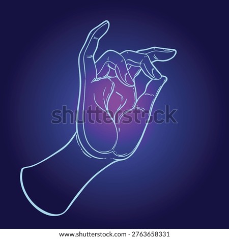 Lord Buddha hand with all-seeingl eye. Psychedelic colors. Hand drawn illustration. Invitation element. Astrology, alchemy, occult and magic symbol. Abstract cosmic.