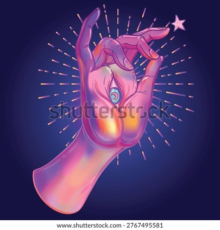 Lord Buddha hand with all-seeingl eye. Psychedelic colors. Hand drawn illustration. Invitation element. Astrology, alchemy, occult and magic symbol. Abstract cosmic.