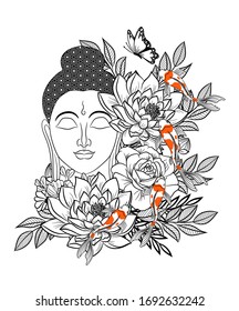 Lord Buddha with koi fish or Lotus flowers beautiful tattoo art.