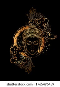 Señor Buda mirando a través de las nubes a la tierra. Sagrado y símbolo espiritual del budismo. Luna llena, estrellas y nubes chinas clásicas. Chic Golden Tattoo