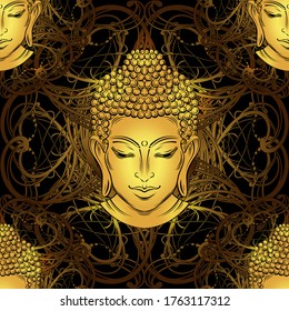 Lord Buddha looks down on the background of the extremely beautifulmandala. Sacred and spiritual symbol of Buddhism. Chic Golden seamless background