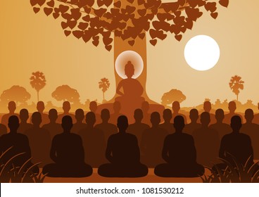 Lord of Buddha mediating with crowd of monk,silhouette style