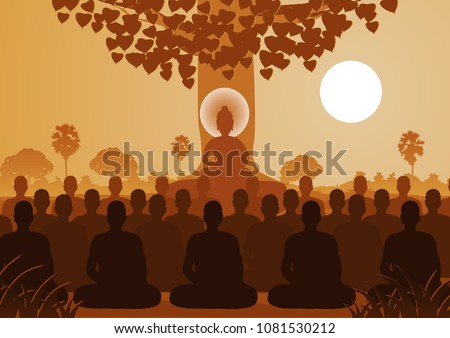 Lord of Buddha mediating with crowd of monk,silhouette style