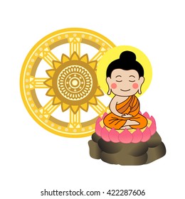 Lord Buddha meditating in front of wheel of life on Asalha Puja Day. Vector Illustration.
