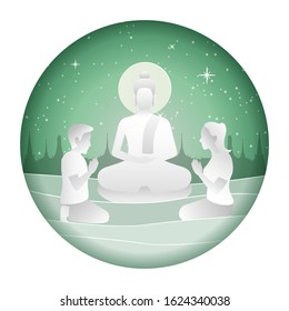 lord of Buddha meditation while man and woman pay respect with paper art design,vector illustration