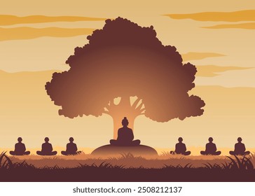 senhor de buddha e monges meditação sob bodhi árvore, ilustração vetorial