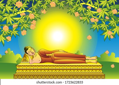 Lord Buddha Nirvana, was dead under tree. This is important days of Buddhism. Vector illustration.
