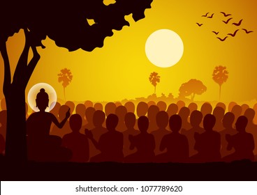 Lord of Buddha sermon dharma to crowd of monk,silhouette style