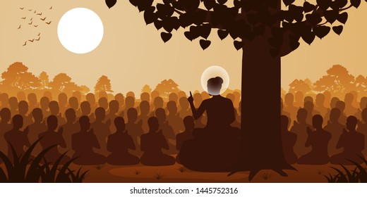 Lord of Buddha sermon dharma to crowd of monk,silhouette style,vector illustration