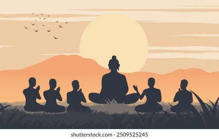 Lord of Buddha sermon to five ascetics and was enlighten become first monk of Buddhism,silhouette design,vector illustration