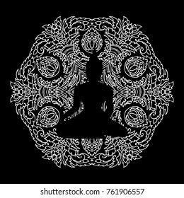 Lord Buddha Silhouette with Floral Frame on black.