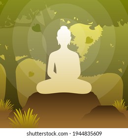 Lord Buddha sit on under bodhi tree in meditation pose in forest, silhouette vector background illustration or wallpaper