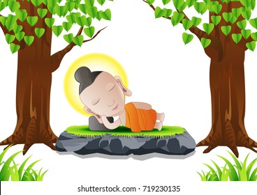 lord of Buddha sleep under tree in cartoon version,used well for important days of Buddhism vector illustration,white background