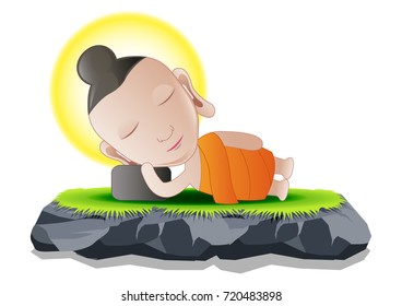 lord of  Buddha is sleeping,isolated,vector illustration,cartoon bubble head,on grass and stone