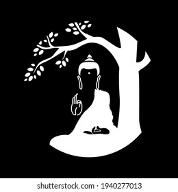 Lord Buddha. Symbol of buddha. Buddha silhouette for spa logo. Vesak day greeting background with Buddha under bodhi tree with leaf. 