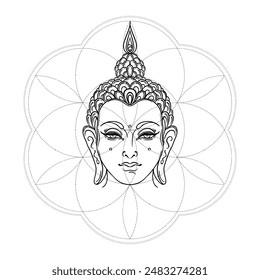 Lord Buddha tattoo design over Seed of Life sacred geometry symbol. Ancient geometric spiritual symbol. Flower of Life. Black and white vector illustration.