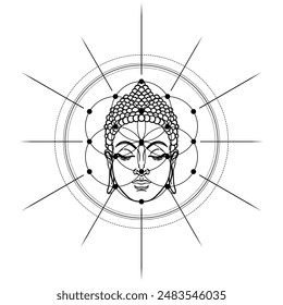 Lord Buddha tattoo design over Seed of Life sacred geometry symbol. Ancient geometric spiritual symbol. Flower of Life. Black and white vector illustration.