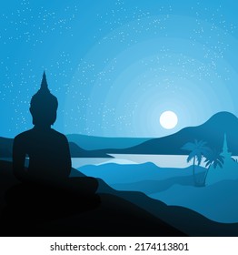 Lord buddha vector art illustration with the moon, temple, mountains, and lake at night. Icon, Vector, Illustration.