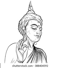 Lord Buddha. Vector illustration isolated on white. Sketchy style,hand drawn. Vintage drawing. Indian, Buddhism, Spiritual motifs. Tattoo, yoga, spirituality.