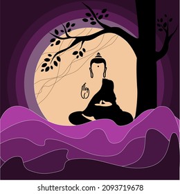 Lord Buddha. Vector illustration of  Buddha silhouette on moon and sea background. Vesak day greeting card with Buddha under bodhi tree 