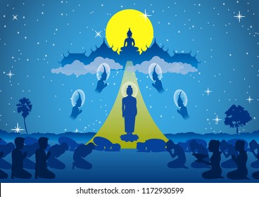 lord of buddha walk down from heaven that for visit and teach his mom in dharma,The begin of tak bat thewo and The End of Buddhist Lent Day.surround by angel monk and buddhist,vector illustration