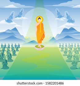 Lord buddha walk down from heaven afther completing his mission in heaven, Lord Buddha then returned to earth and was greeted by a crowd of his disciples and followers.