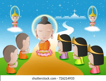 lord of buddha walk down from heaven that for visit and teach his mom in dharma,The begin of tak bat thewo and The End of Buddhist Lent Day.surround by angel monk and buddhist,vector illustration