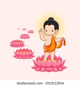 Lord Buddha's Geburt und Spaziergang auf Lotus mit sieben Lotblüten.Happy vesak Day Konzept - Vektorgrafik