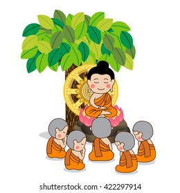 Lord Buddha's first sermon in front of wheel of life with five monks under the tree. Vector Illustration.