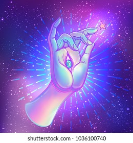 Lord Buddha's hand with all-seeingl eye. Psychedelic colors. Hand drawn illustration. Invitation element. Astrology, alchemy, occult and magic symbol. Abstract cosmic background with stars.