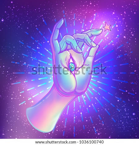 Lord Buddha's hand with all-seeingl eye. Psychedelic colors. Hand drawn illustration. Invitation element. Astrology, alchemy, occult and magic symbol. Abstract cosmic background with stars.