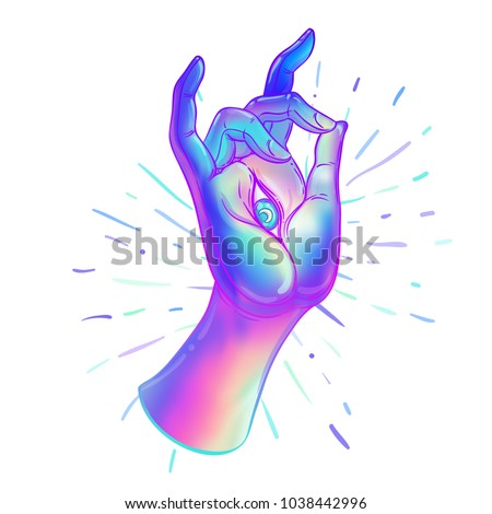 Lord Buddha's hand with all-seeingl eye. Psychedelic colors. Hand drawn colorful illustration. Invitation element. Tattoo, astrology, alchemy, occult and magic symbol. Stock fotó © 