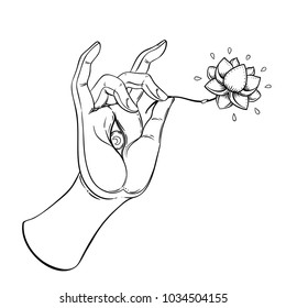 Lord Buddha's hand with eye holding Lotus flower. Isolated vector illustration of Mudra. Hindu motifs. Tattoo, yoga, spirituality, textiles. Sketchy style, hand drawn. Vintage drawing. 