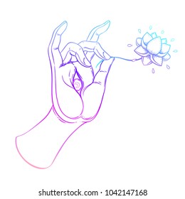 Lord Buddha's hand with eye holding Lotus flower. Isolated vector illustration of Mudra. Hindu motifs. Tattoo, yoga, spirituality, textiles. Sketchy style, hand drawn. Vintage drawing. 