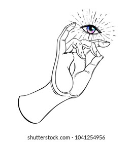 Lord Buddha's hand holding all seeing eye. Isolated vector illustration of Mudra. Hindu motifs. Tattoo, yoga, spirituality, textiles. Sketchy style, hand drawn. Vintage drawing. 