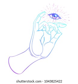 Lord Buddha's hand holding all seeing eye. Isolated vector illustration of Mudra. Hindu motifs. Tattoo, yoga, spirituality, textiles. Sketchy style, hand drawn. Vintage drawing. 
