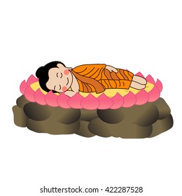 Lord Buddha's nirvana on the lotus and rocks. Vector Illustration.