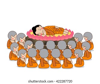 Lord Buddha's nirvana on the lotus and rocks among Buddhist monks. Vector Illustration.