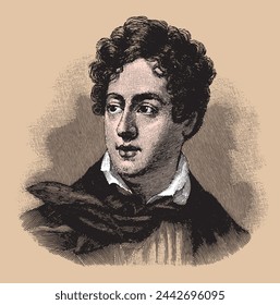 lord Byron, colored vector illustration from old engraving from Meyers Lexicon published 1914 in Leipzig